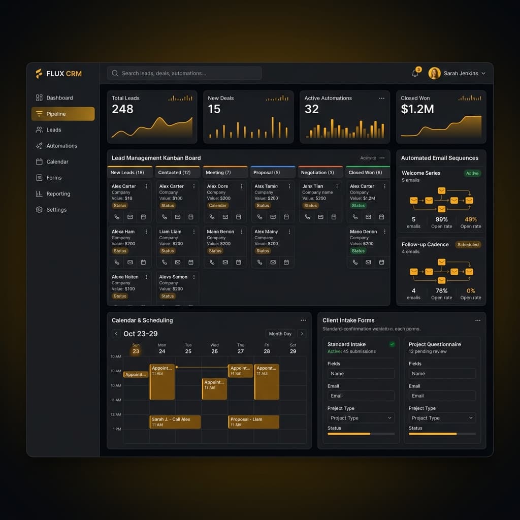 CRM and workflow automation dashboard showing client pipeline, automated sequences, and lead management