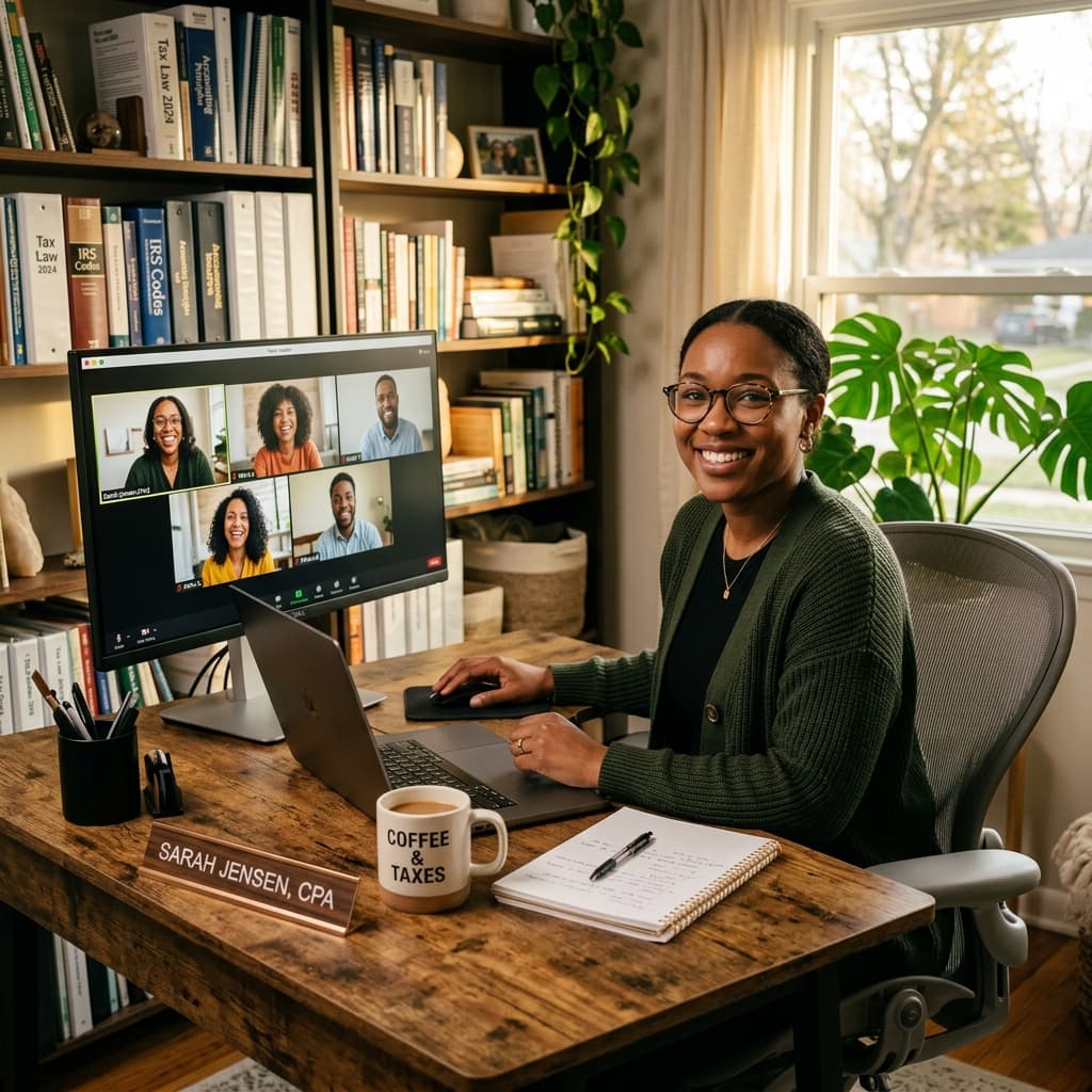 Tax professionals collaborating on a group video call coworking session in a modern home office